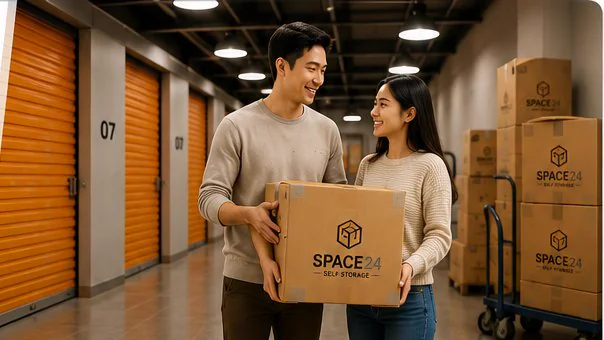 A couple carrying a Space24-branded storage box in a bright, secure facility