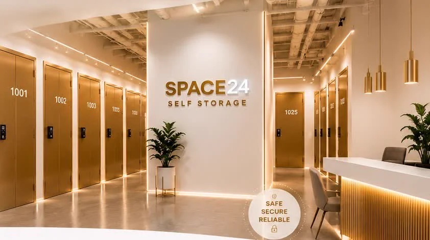 Space24 Self Storage reception with the brand sign and gold unit doors