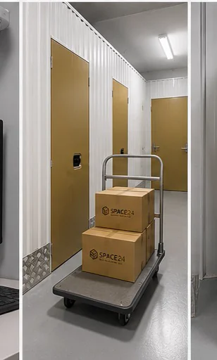 A Space24-branded box trolley in a bright, secure storage facility corridor